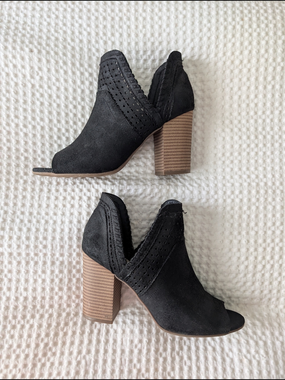 Fergalicious Black Suede Open-Toe Stacked Heel Booties